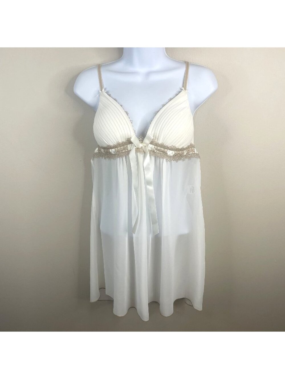 Linea Donatella Nightie Slip Dress Womens Medium Ivory Babydoll Sheer Chemise